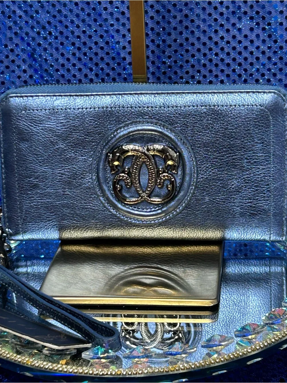 Sharif Legacy Pearlized Leather Wallet in Metallic Blue Approx.. 7 x 5